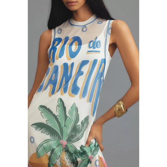 New Anthropologie Farm Rio Graphic Mesh Midi Dress sz L - Picture 3 of 8